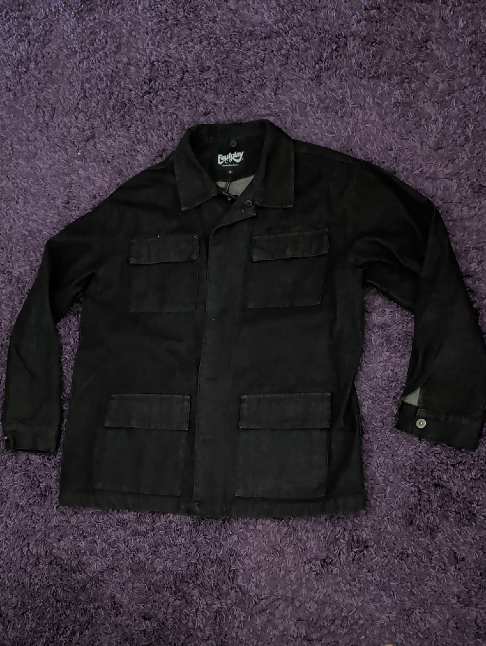 Foulplay Black Rigid Denim Military Field Jacket Oversized Embroidered logo XL
